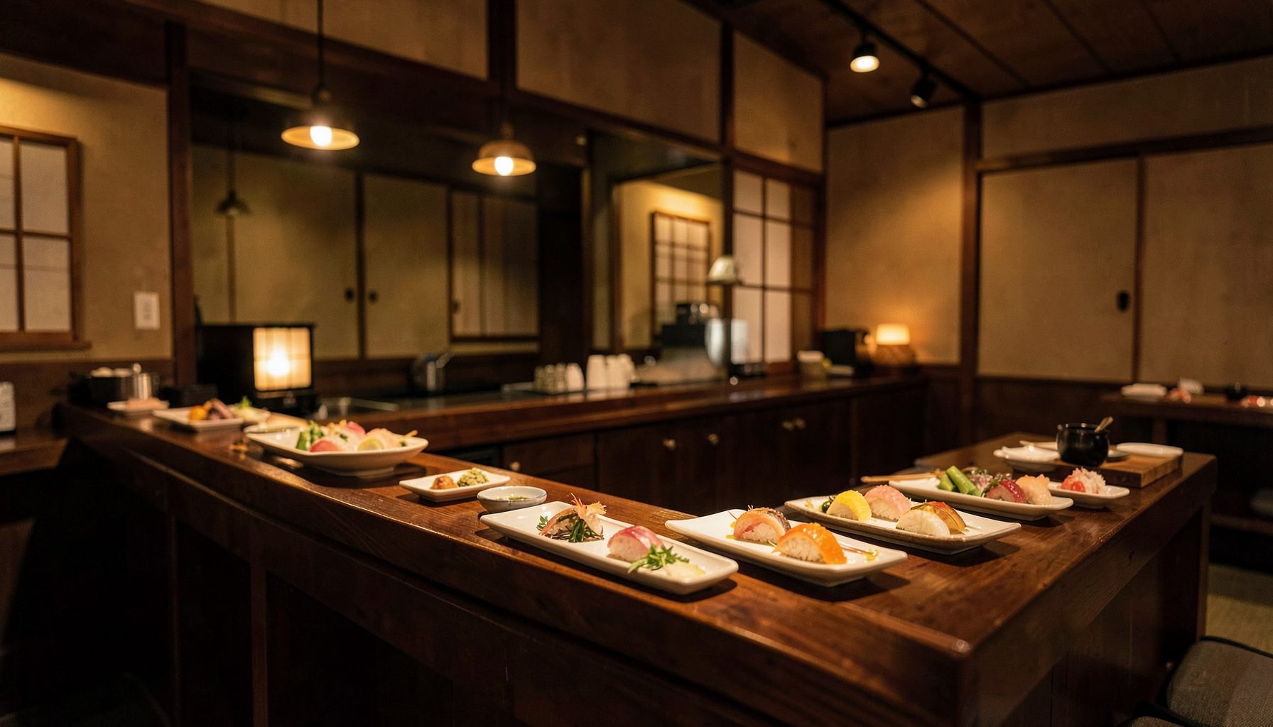 A cozy Japanese restaurant dining counter with warm amber lighting, dark wood tones, and neatly arranged sushi plates
