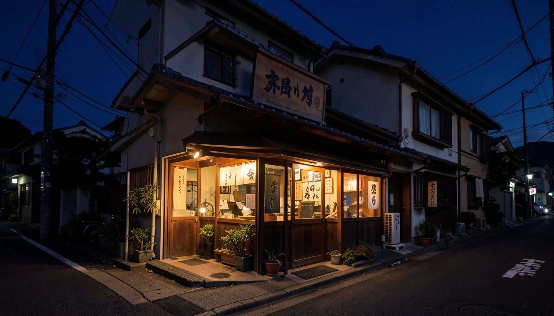 A cozy neighborhood Japanese restaurant storefront at dusk, warm gold light spilling onto a quiet street, deep navy blue