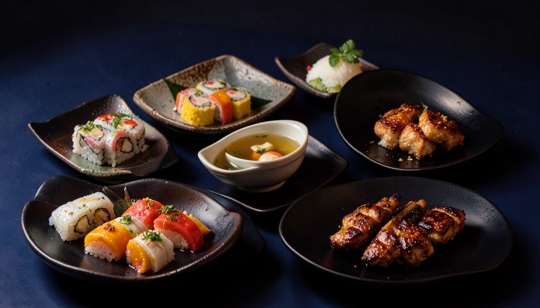 An arranged spread of Japanese dishes including colorful sushi rolls, a bowl of clear soup, and grilled hibachi pieces on a dark table