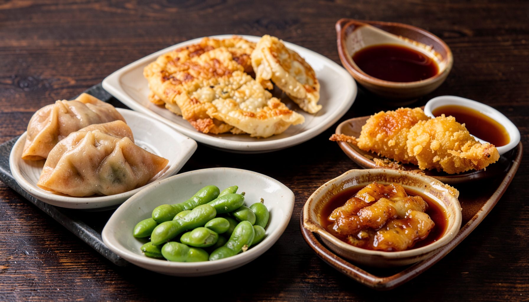 Assorted Japanese appetizers arranged on a dark wooden table: steamed shumai, crispy gyoza, edamame, and tempura with dipping sauces