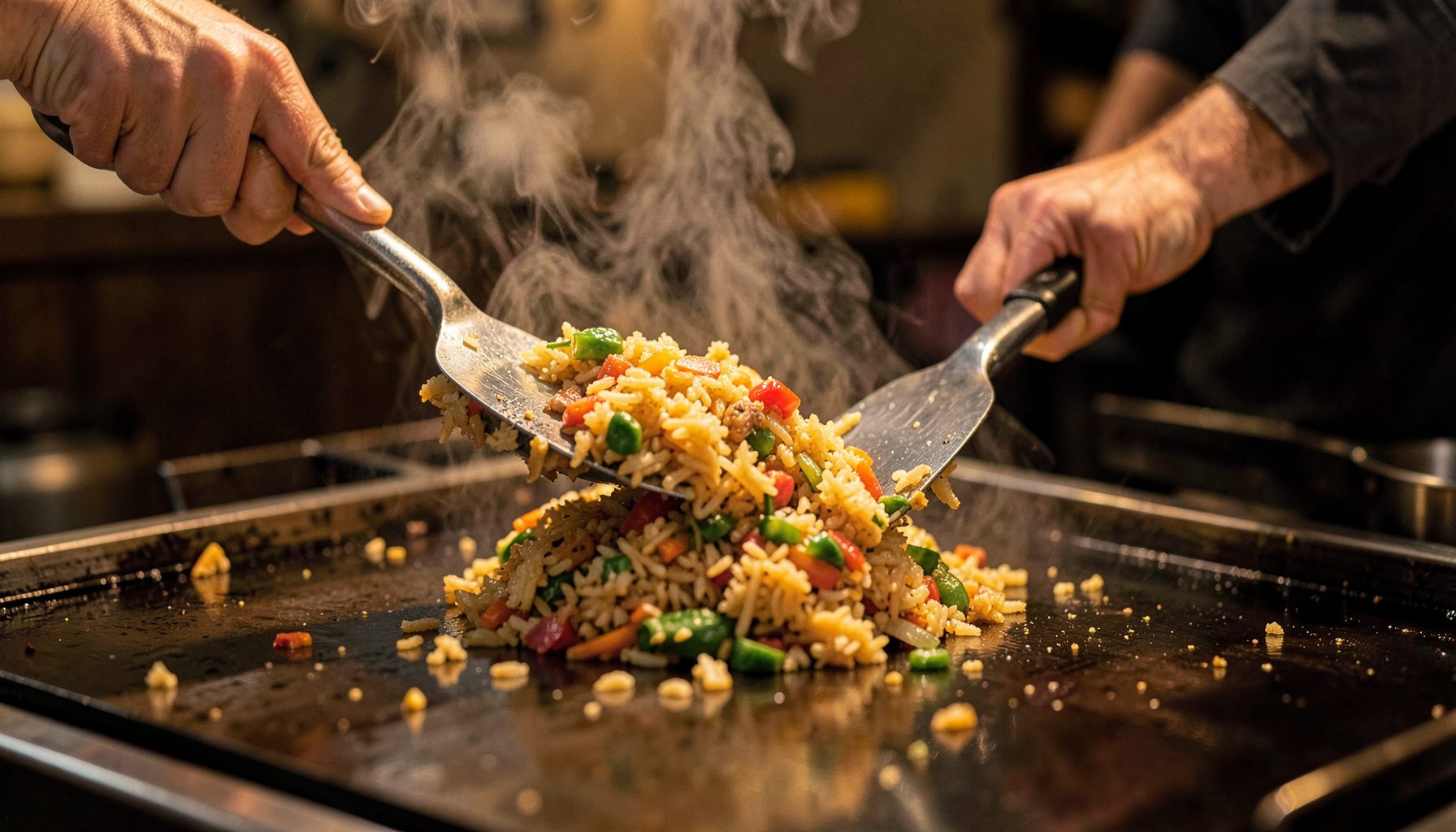 Close-up of a hibachi chef's spatula flipping fried rice and vegetables on a hot steel griddle, steam rising, warm amber