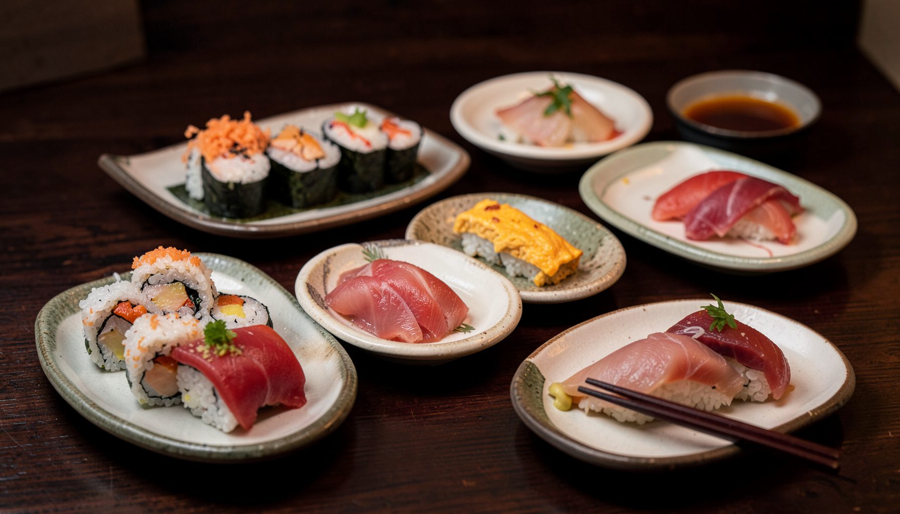 Dark wooden surface with an array of sushi rolls, nigiri, and sashimi arranged on ceramic plates, warm ambient lighting