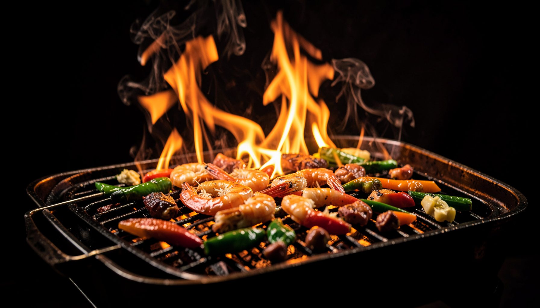 Sizzling hibachi grill with flames rising around vegetables and shrimp, dark dramatic background with warm orange glow
