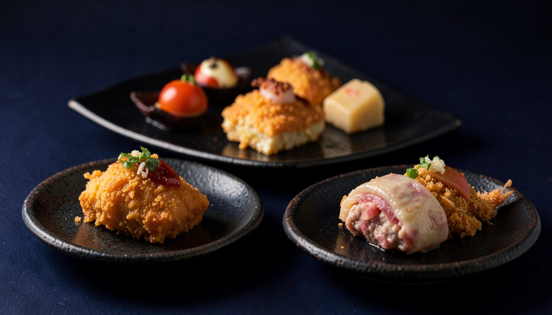 Warm-toned Japanese appetizers on dark ceramic plates, soft golden lighting, rich textures of fried and steamed dishes arranged invitingly