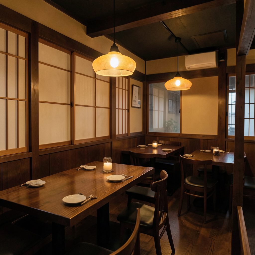 Warmly lit Japanese restaurant interior with dark wood furnishings and soft amber pendant lighting creating a calm, inviting mood